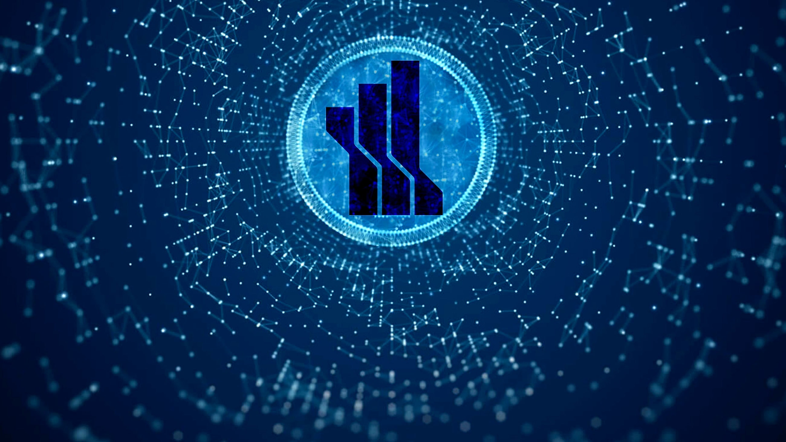 A luminous digital network encircling the BrookHaven mark