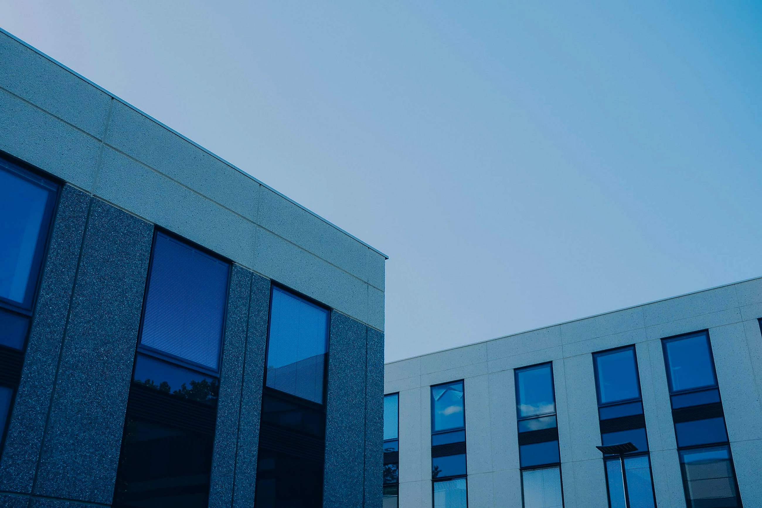 Modern financial-institution architecture at dusk